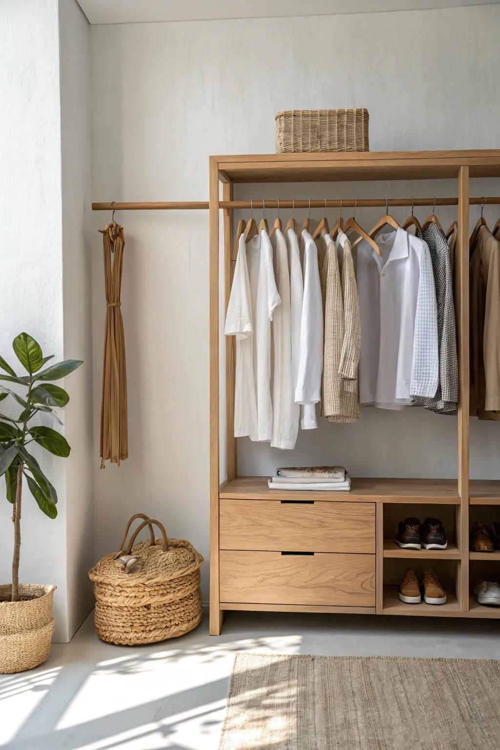 Double hanging rods: shirts up top, pants below—an instant closet upgrade with clean, calm vibes.