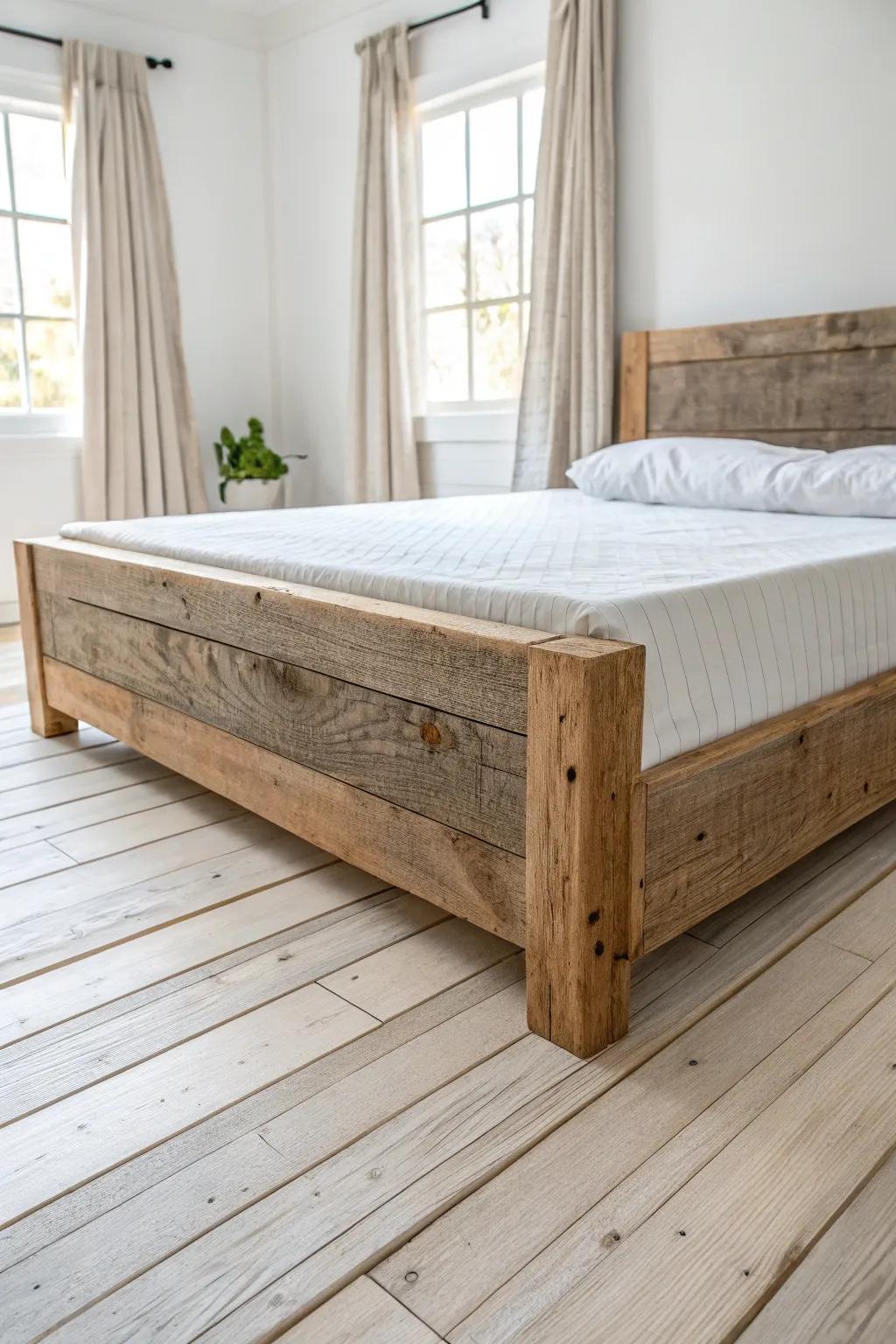 Driftwood-tone platform bed frame with chunky clean lines for relaxed coastal farmhouse calm.