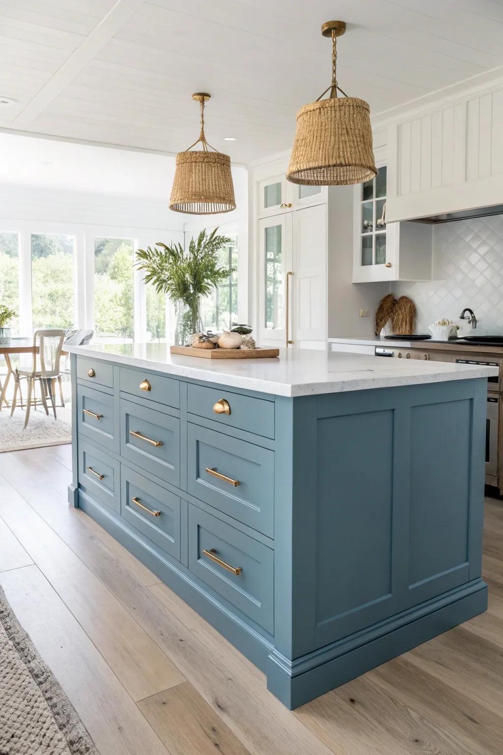 Ocean-blue island base + crisp white tones for an instant coastal two-tone kitchen look
