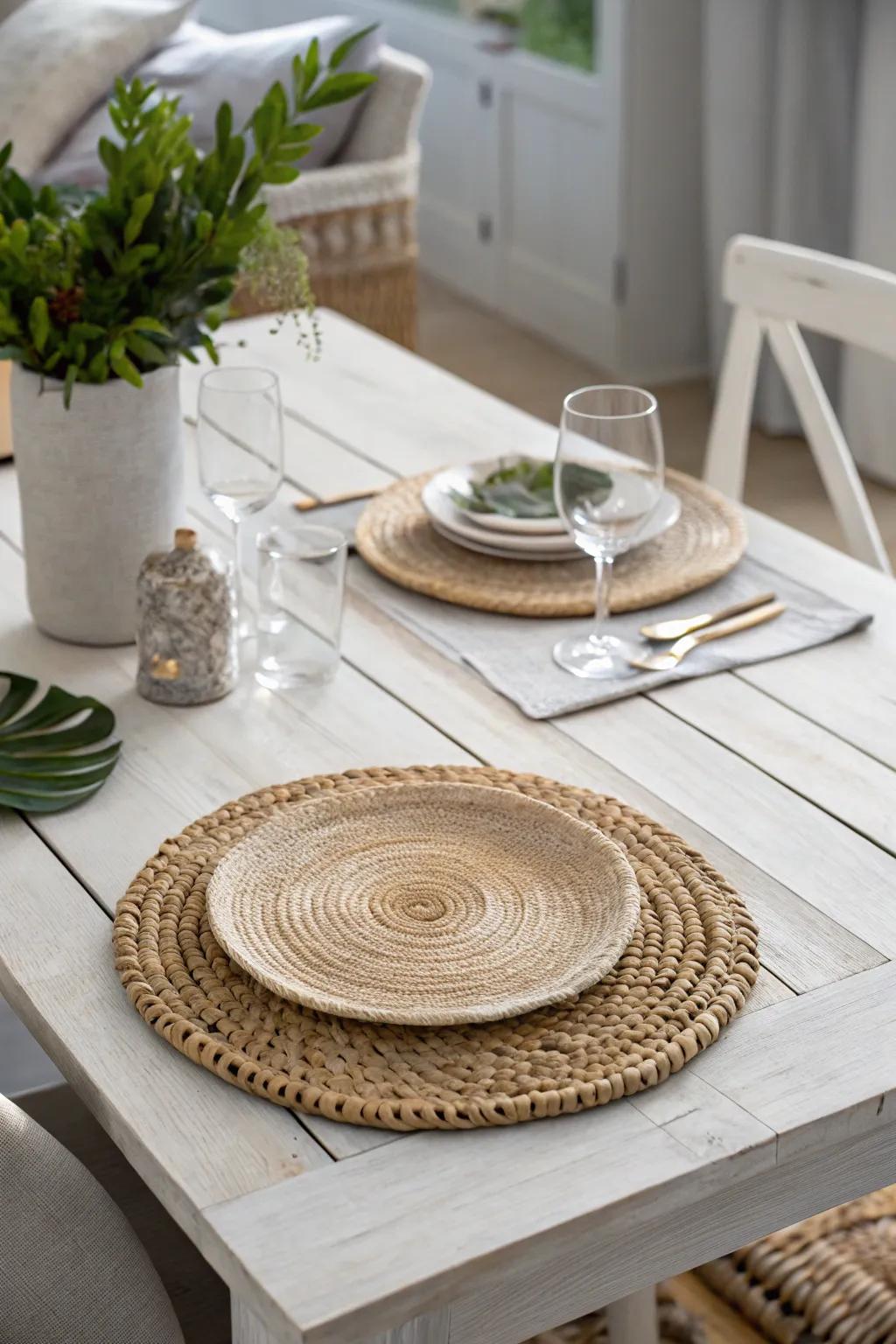 Seagrass placemats add instant coastal texture—simple, woven, and effortlessly beachy.