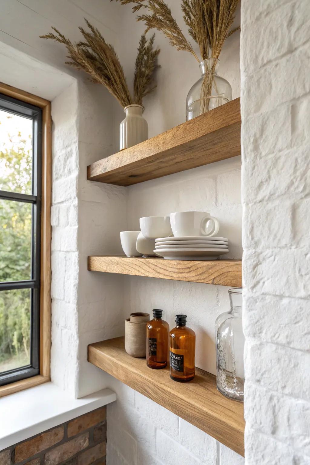 Tiny built-in bar nook with chunky wood shelves—coffee cups below, spirits above, always styled.