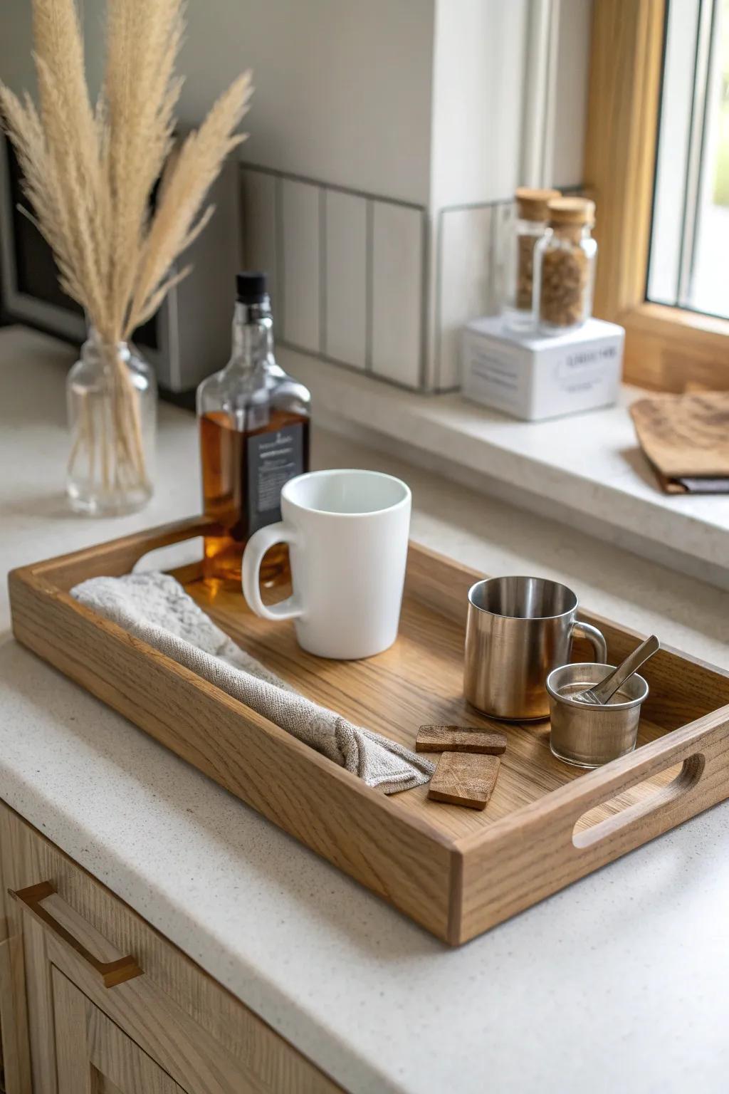 A neat coffee + cocktail zone on one oak tray—mugs left, mixers right, zero counter creep.