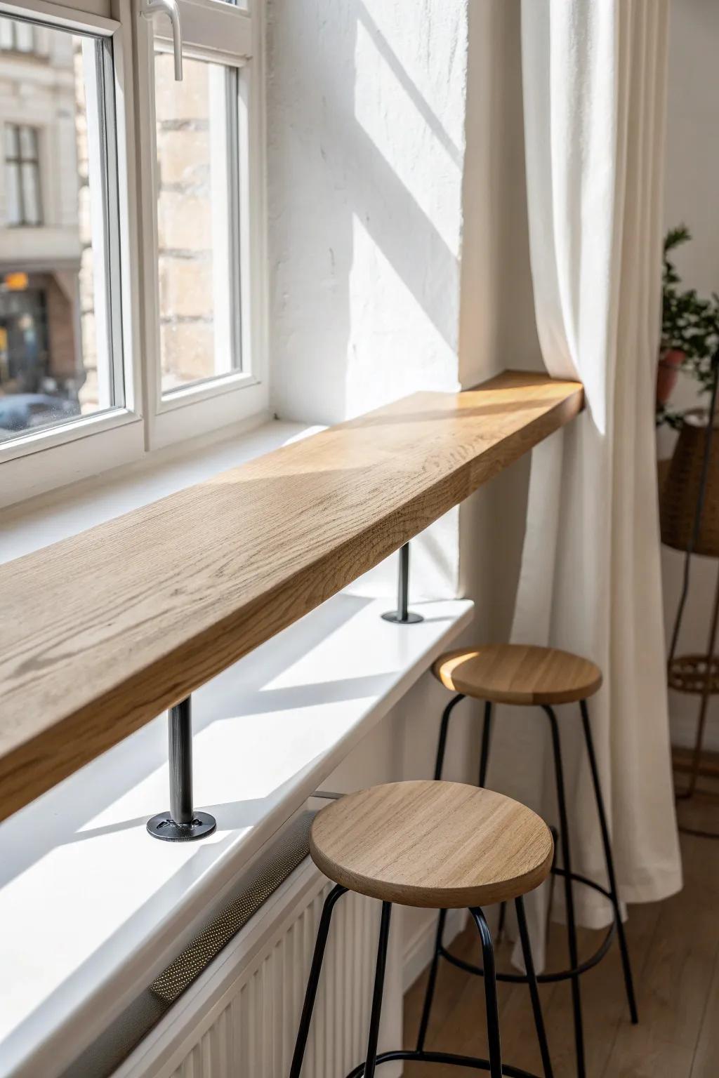 Bright window bar in pale oak with a sleek foot rail—minimal seating, maximum café charm.