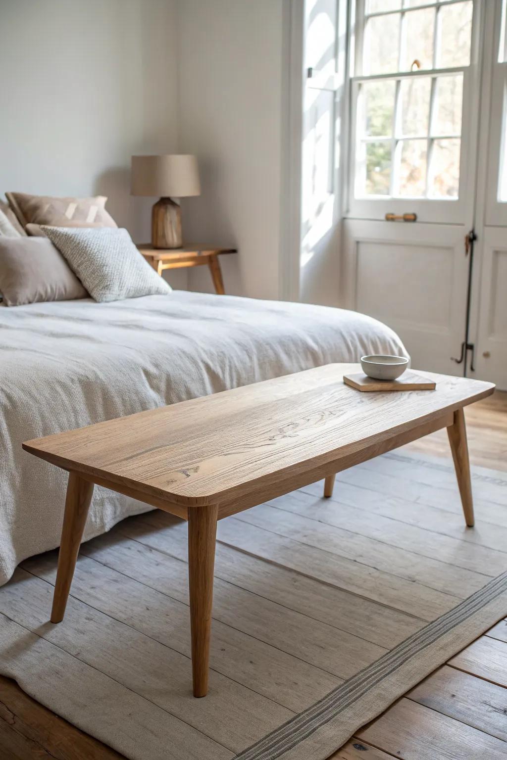 A long, slim wood coffee table at the foot of the bed—sleek, practical, and beautifully minimal.