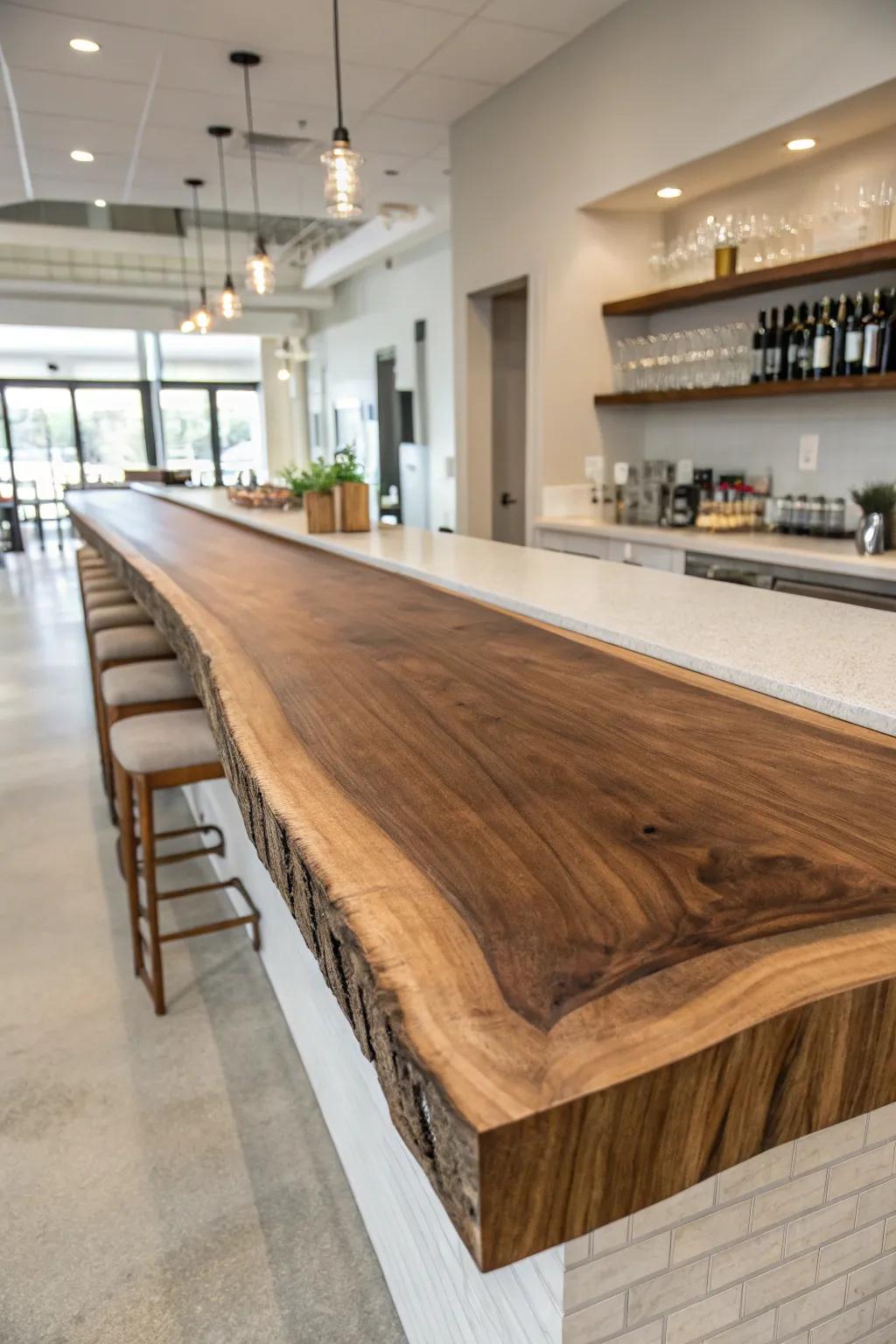 A thick live-edge slab bar top that steals the spotlight—sealed smooth for easy wipe-downs.