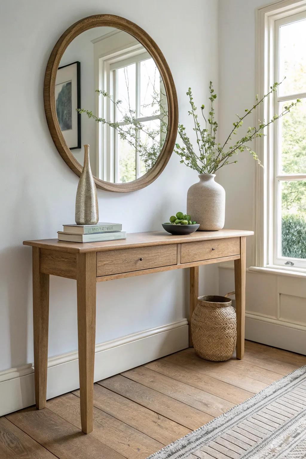 Round mirror + tall greenery vase on a light oak console—airy, relaxed, and minimalist.