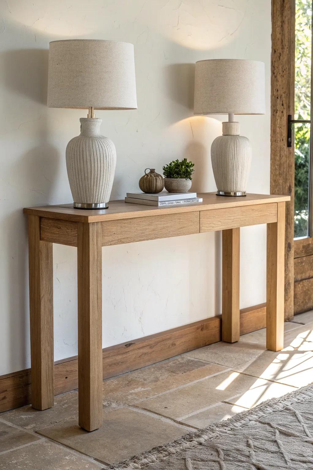 Classic two-lamp symmetry on a handcrafted wood console table for a calm, polished entryway look.