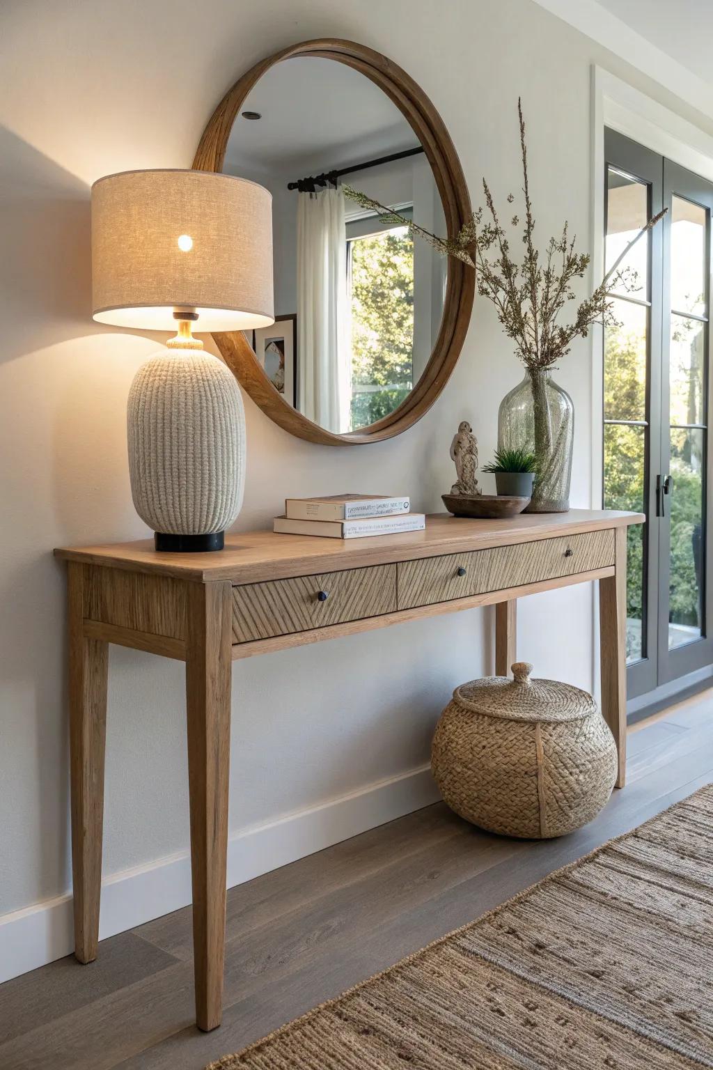 A warm wood console with oversized mirror and soft lamps—classic bedroom vignette, made modern.