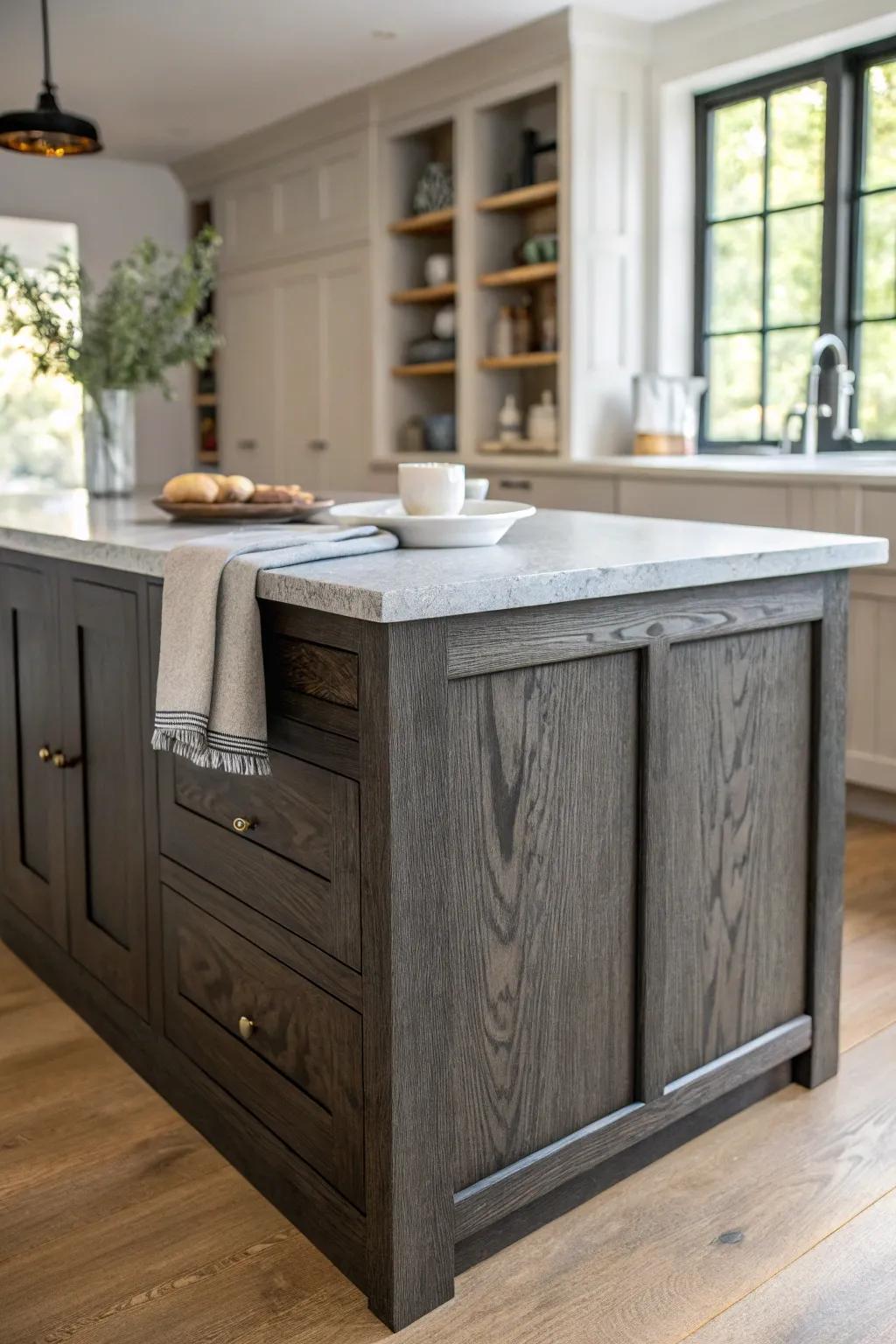 Charcoal wood island + warm white cabinets: the perfect contrast without going full black.