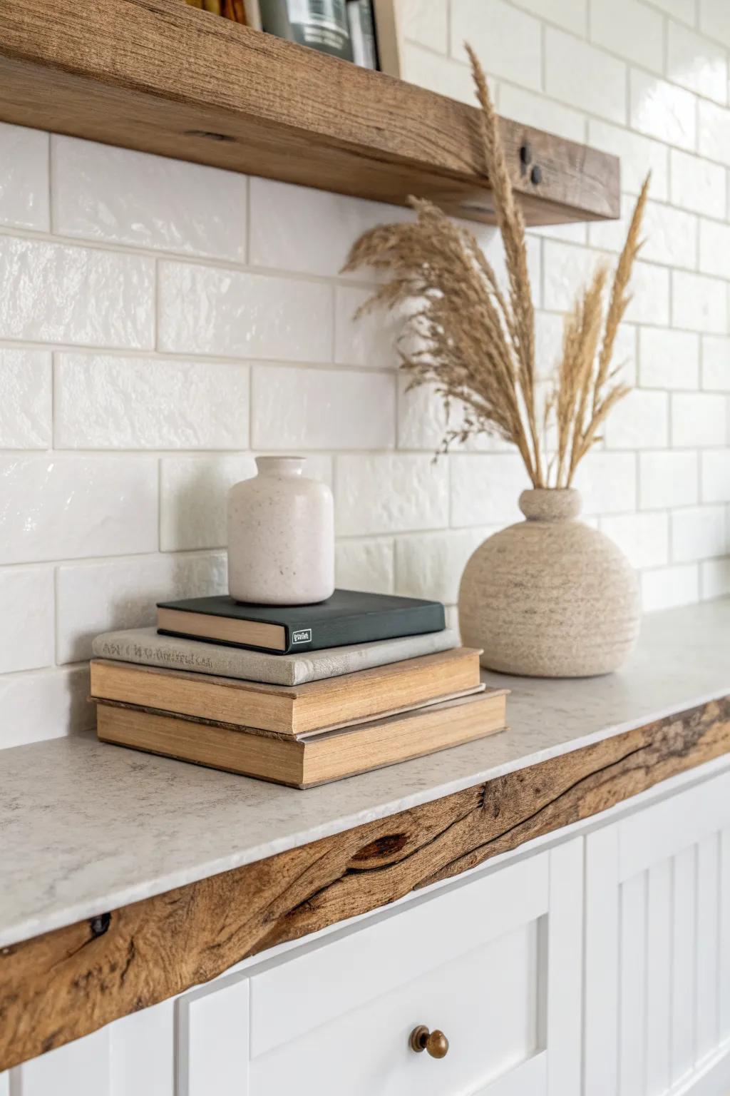 Clean reclaimed-wood floating shelf keeps your favorite cookbooks close—warm, simple, timeless.