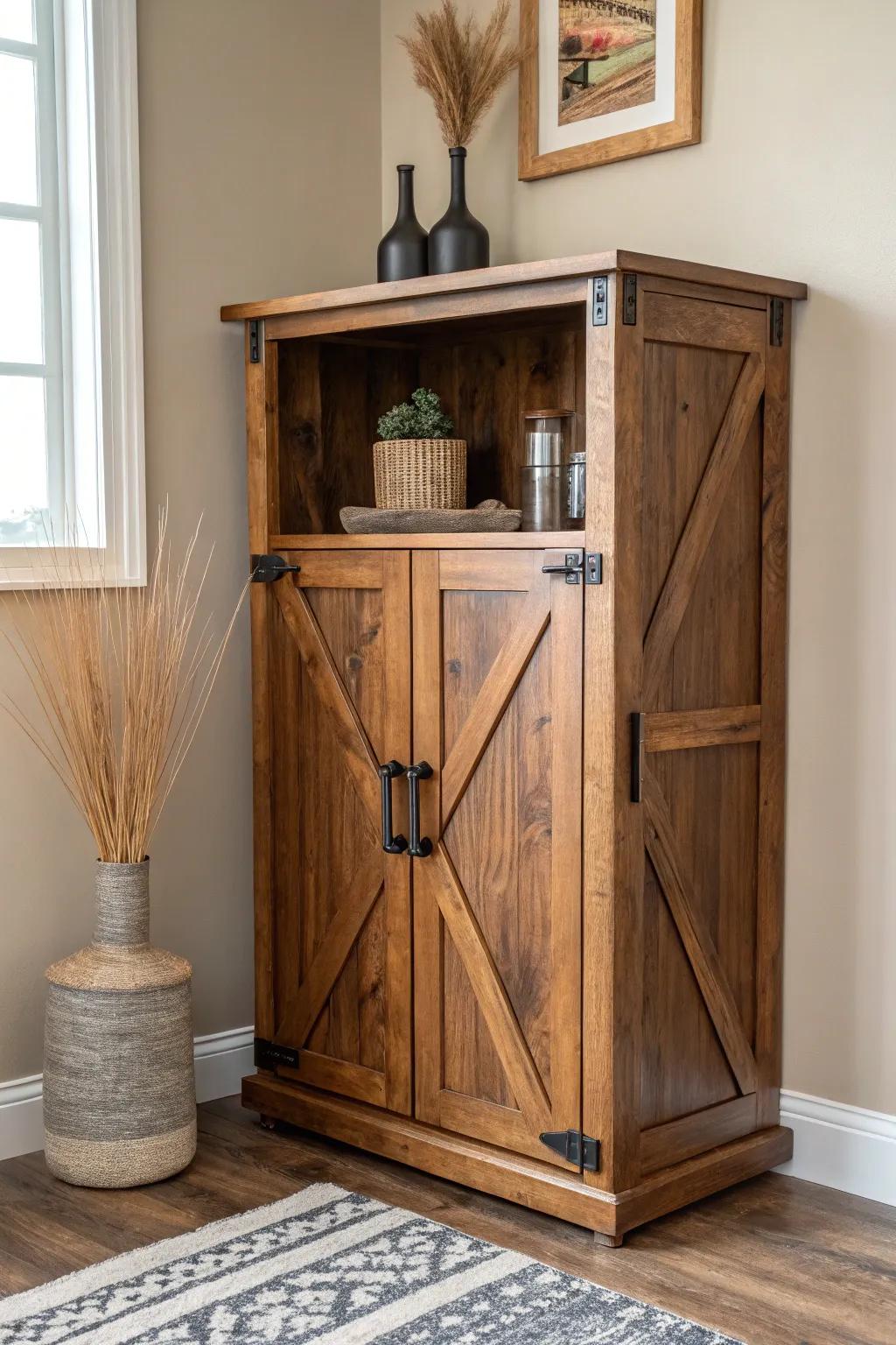 Rustic X-brace corner bar cabinet in warm stain—farmhouse charm with clean Scandinavian ease.