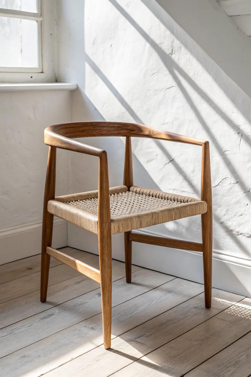 Angle a handcrafted oak chair at 45° to turn the corner into a calm, inviting destination.