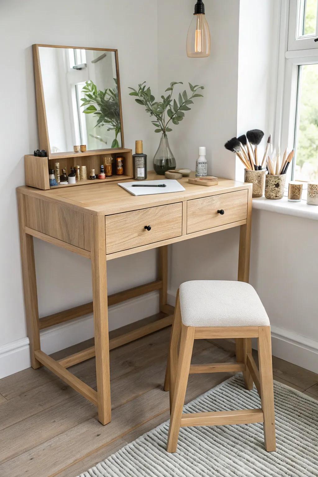 A light oak L-shaped corner vanity that doubles your surface space—makeup on one side, skincare on the other.