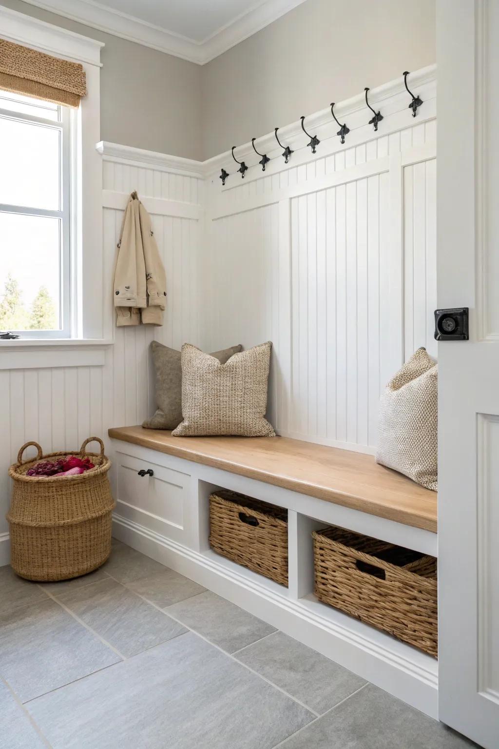 Beadboard-wrapped corner bench: finished, wipeable, and softly Scandinavian with warm oak.