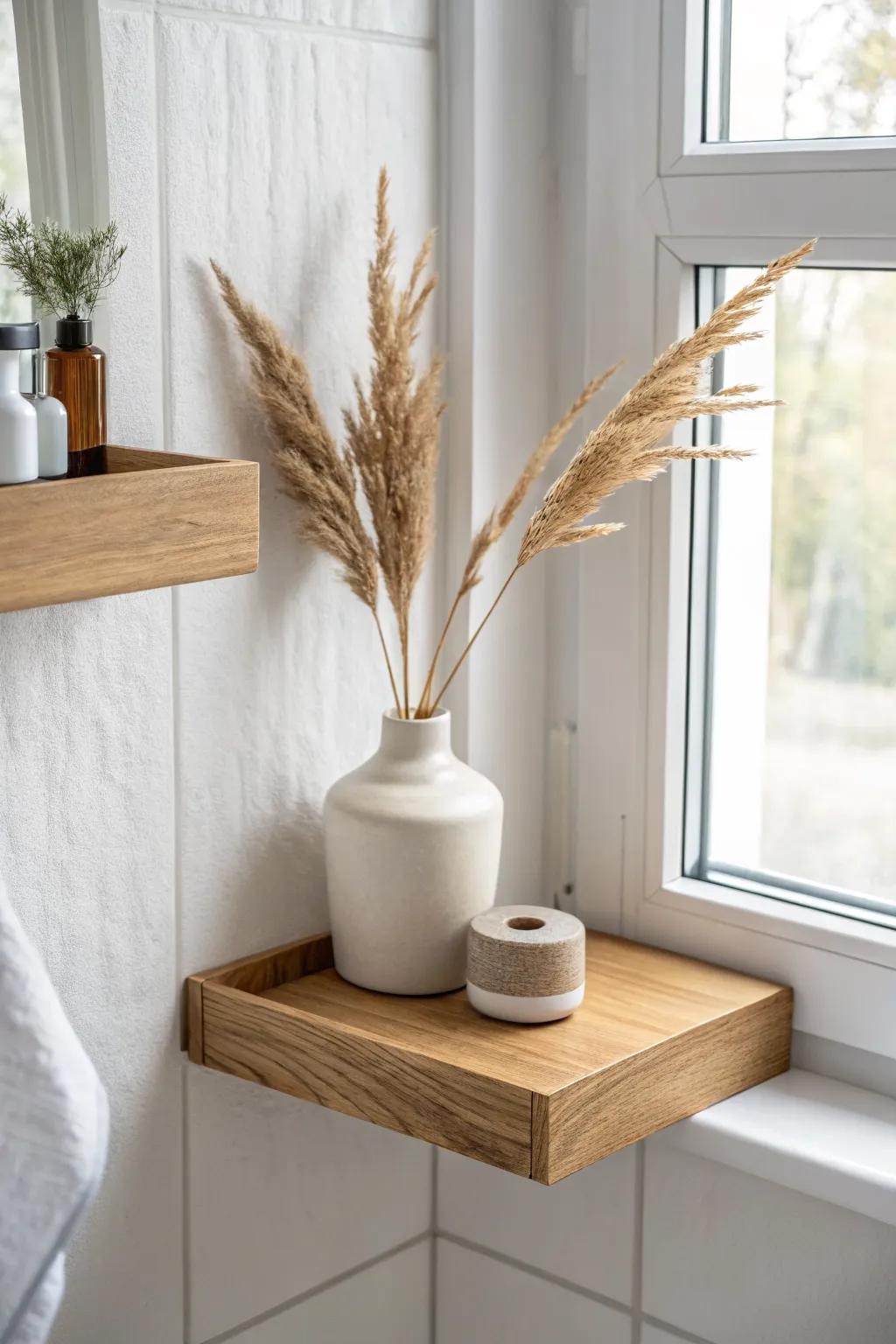Light oak floating corner shelf—hidden brackets for that “how is it attached?” magic.