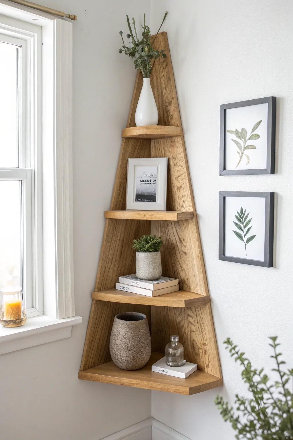 Stacked triangle corner shelves in oak—minimal, airy, and perfect for tiny plant moments.