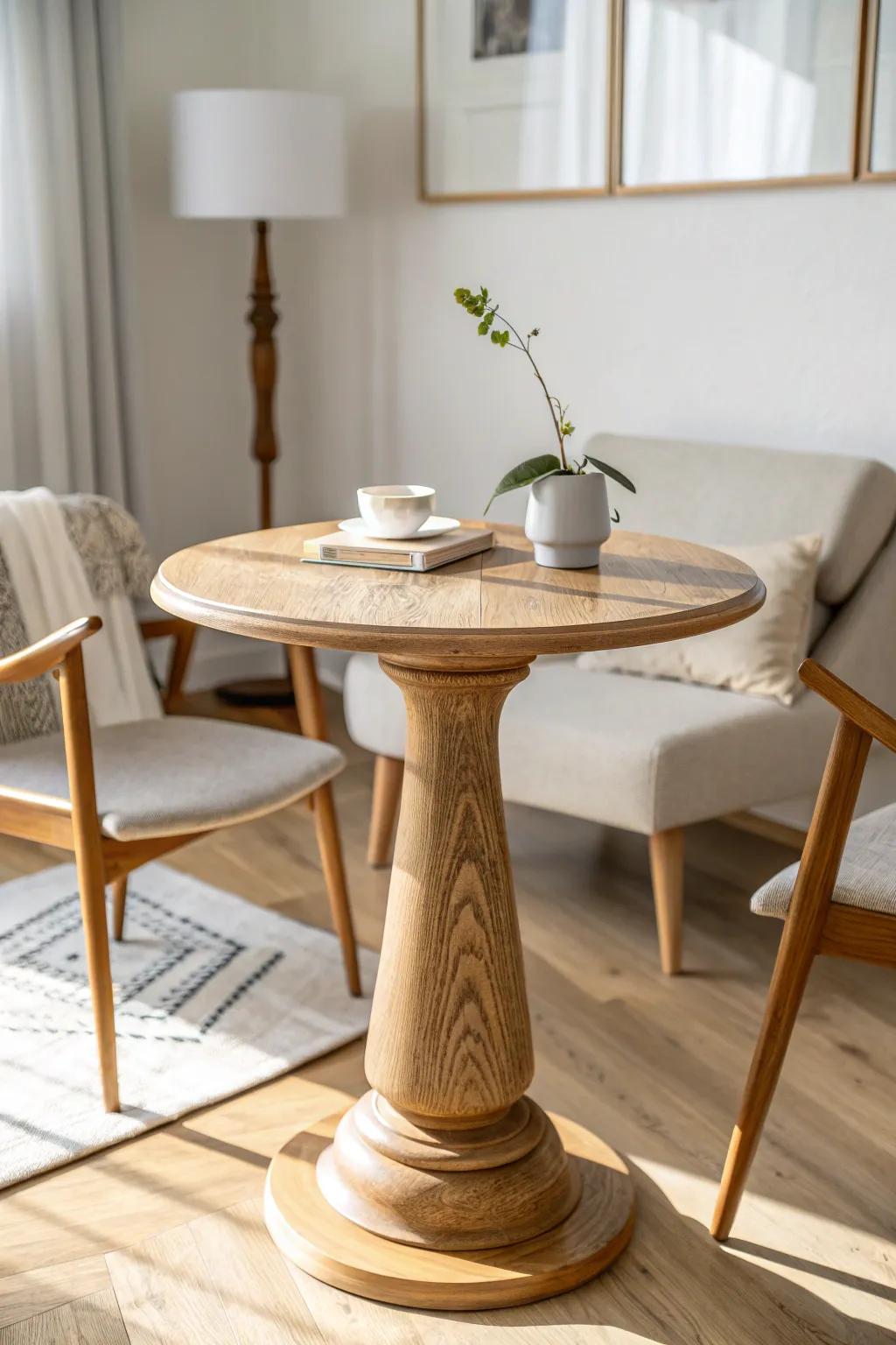 A tiny wood pedestal table turns two angled chairs into a cozy conversation corner.