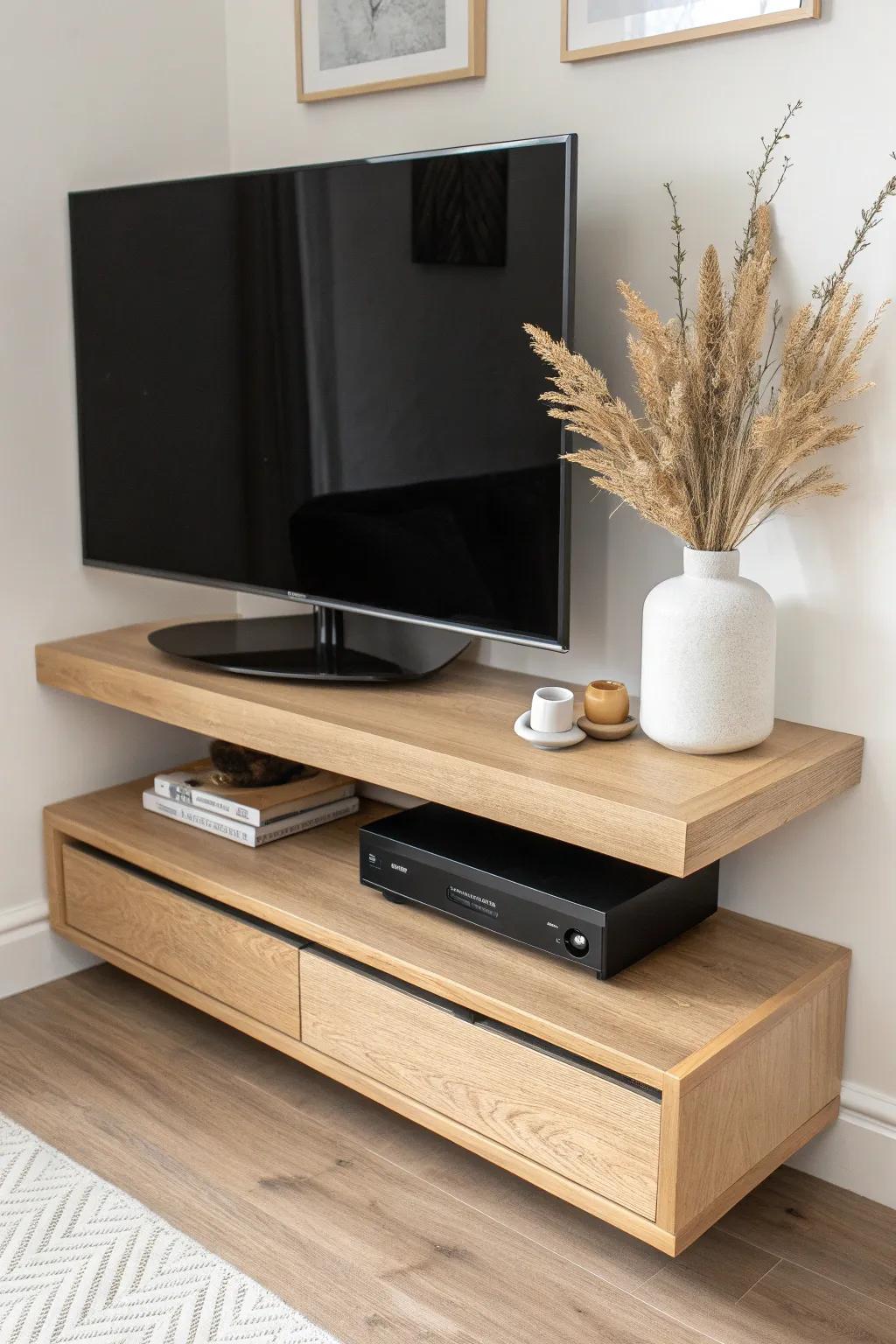 Two matching floating corner shelves make space for console + soundbar—sleek and seamless.