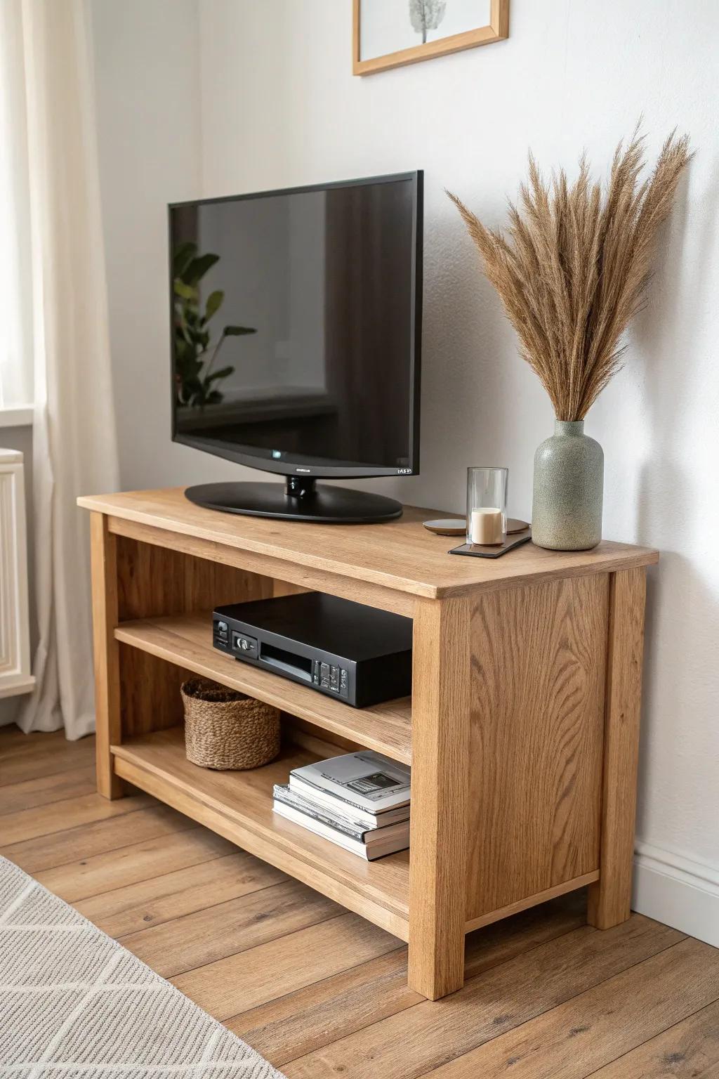 Clean open-shelf corner TV stand—airy, minimal, and crafted to fit tight living room corners.