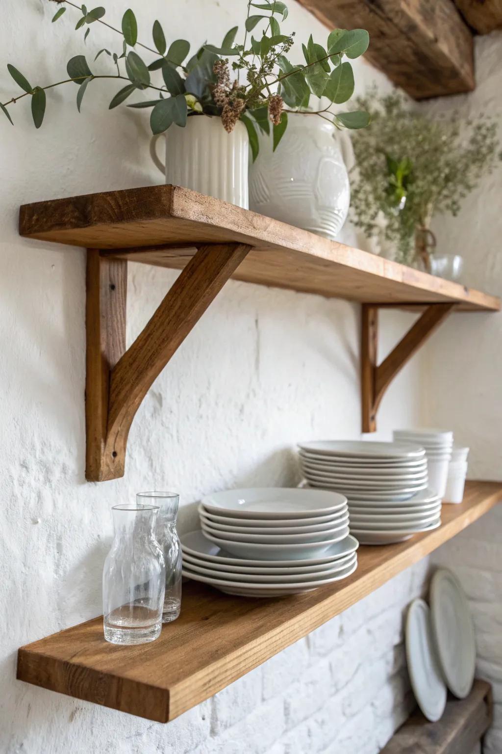 Open shelves on simple wood brackets—warm reclaimed oak, clean lines, and a hint of greenery.