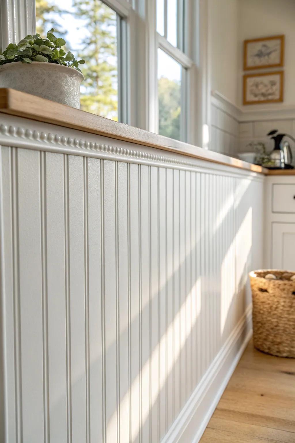 Soft white beadboard adds cozy cottage texture—minimal, bright, and beautifully timeless.
