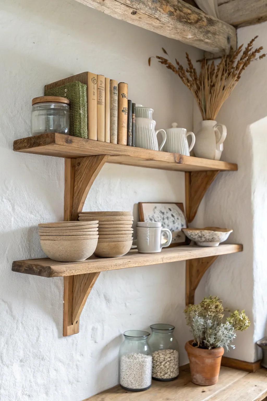 Open pine shelves with pottery, jars, and books—curated clutter for cottagecore charm.