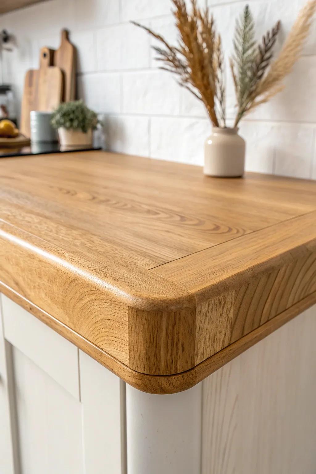 Classic bullnose edge wrap: a soft, rounded finish that hides dings and feels effortless.