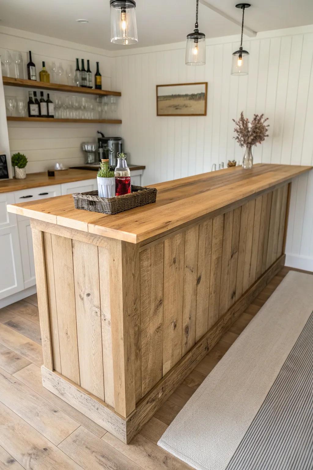 Chunky butcher-block bar top—warm, sturdy, and easy to refresh after every season.
