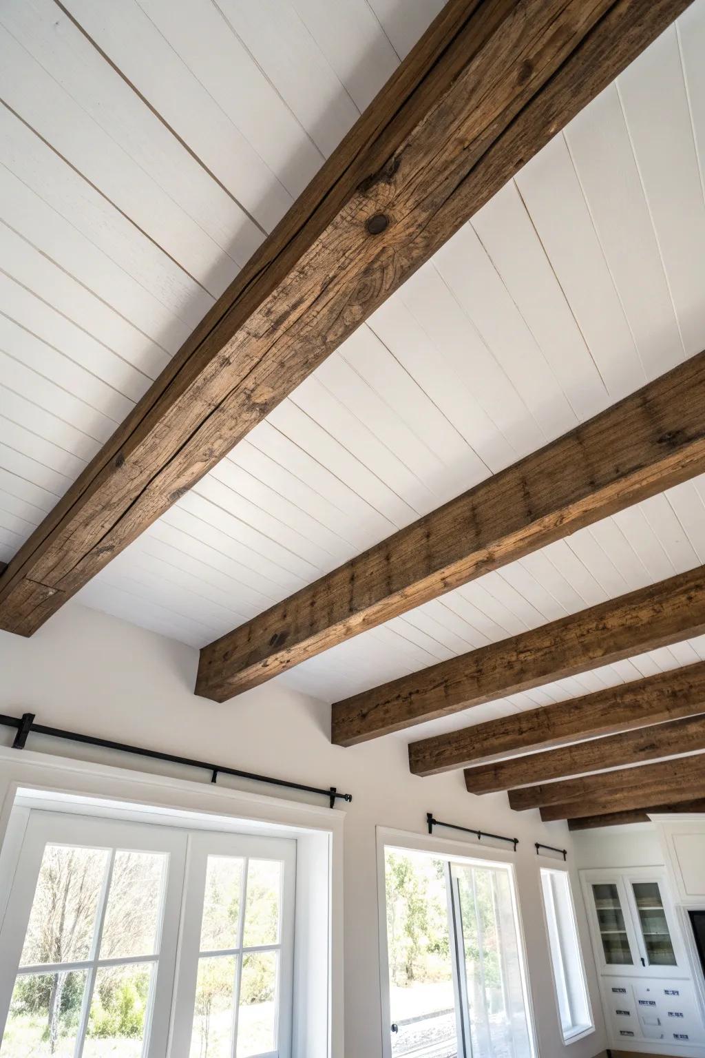 Warm reclaimed-wood faux beam brings instant country cottage charm to a bright, airy ceiling.