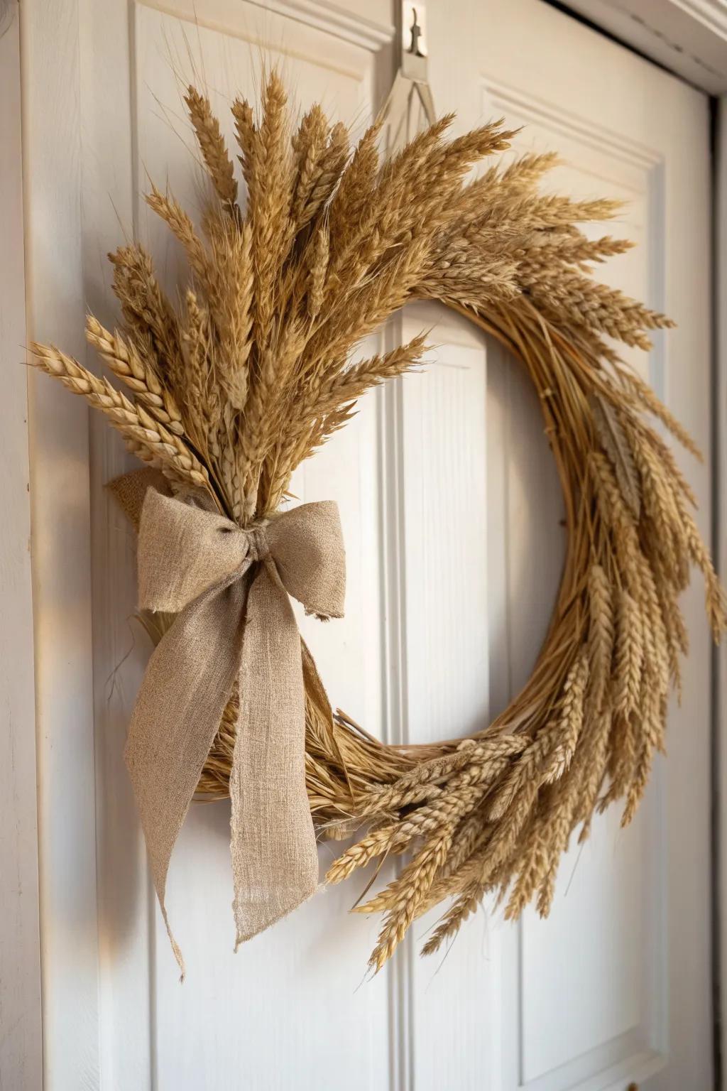 A simple wheat wreath with a relaxed burlap bow—perfectly imperfect country fall charm.