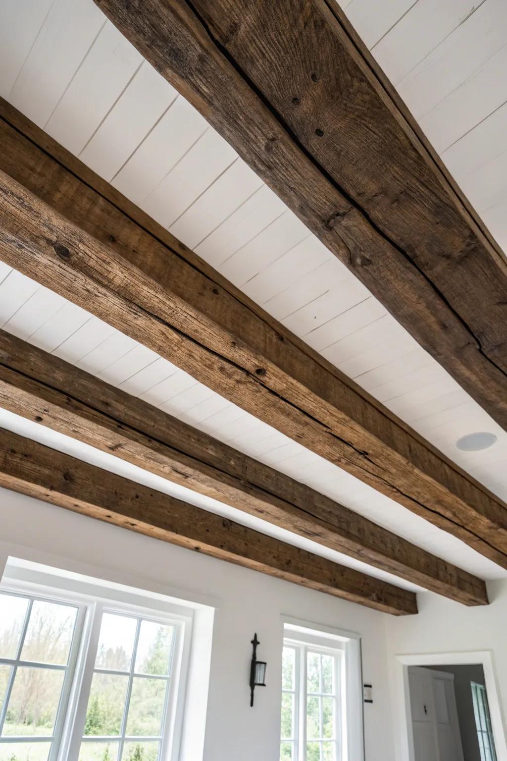 A single exposed wood beam brings instant farmhouse charm—minimal, airy, and beautifully crafted.