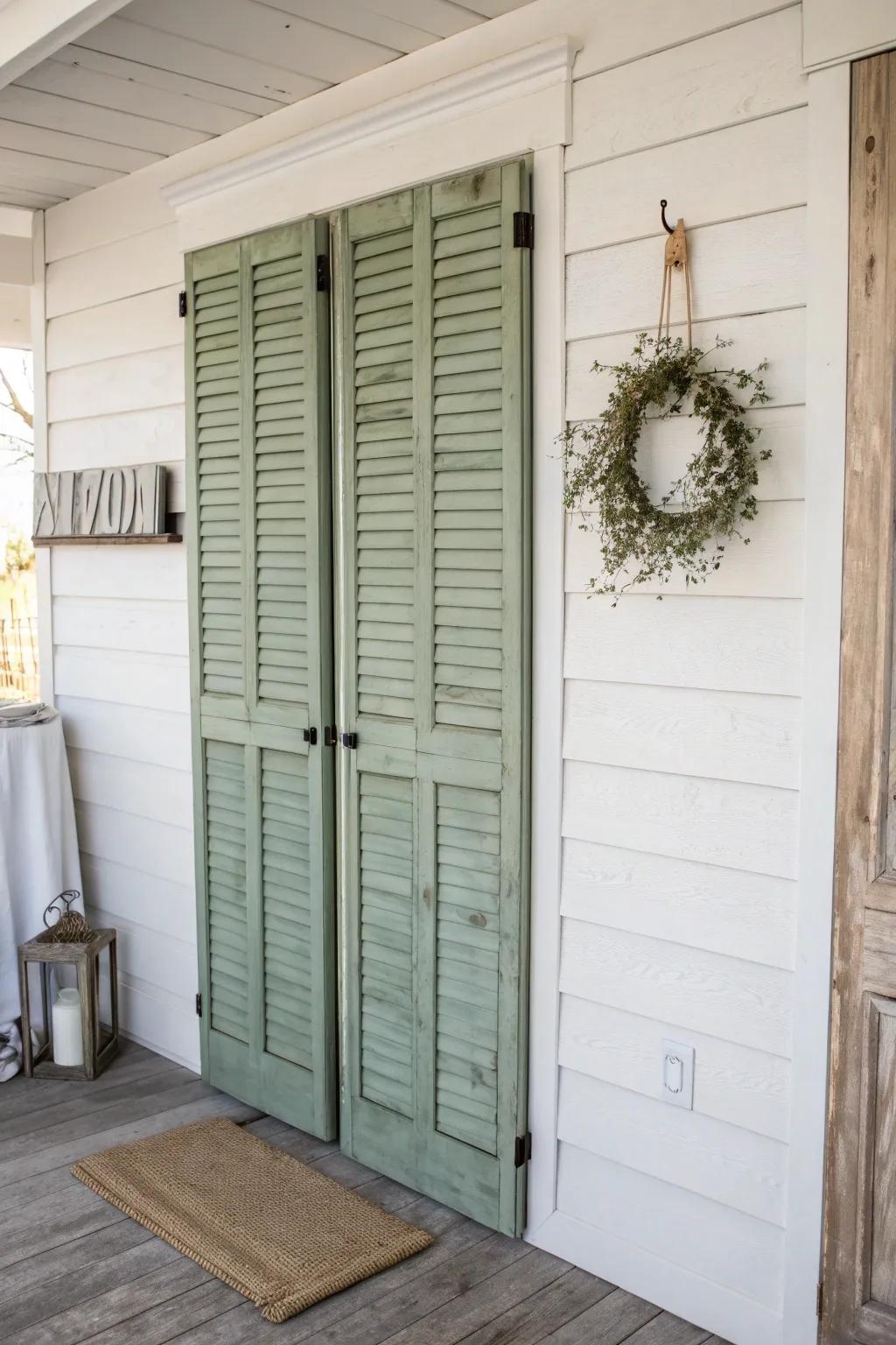 Vintage shutters as wall panels—farmhouse charm with space to clip notes and photos.