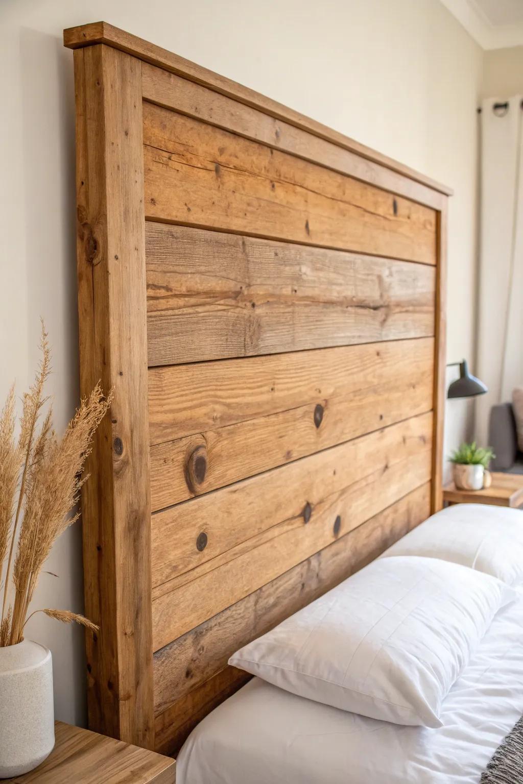 Reclaimed wood headboard warmth—simple planks, rich grain, and a cozy cabin glow.