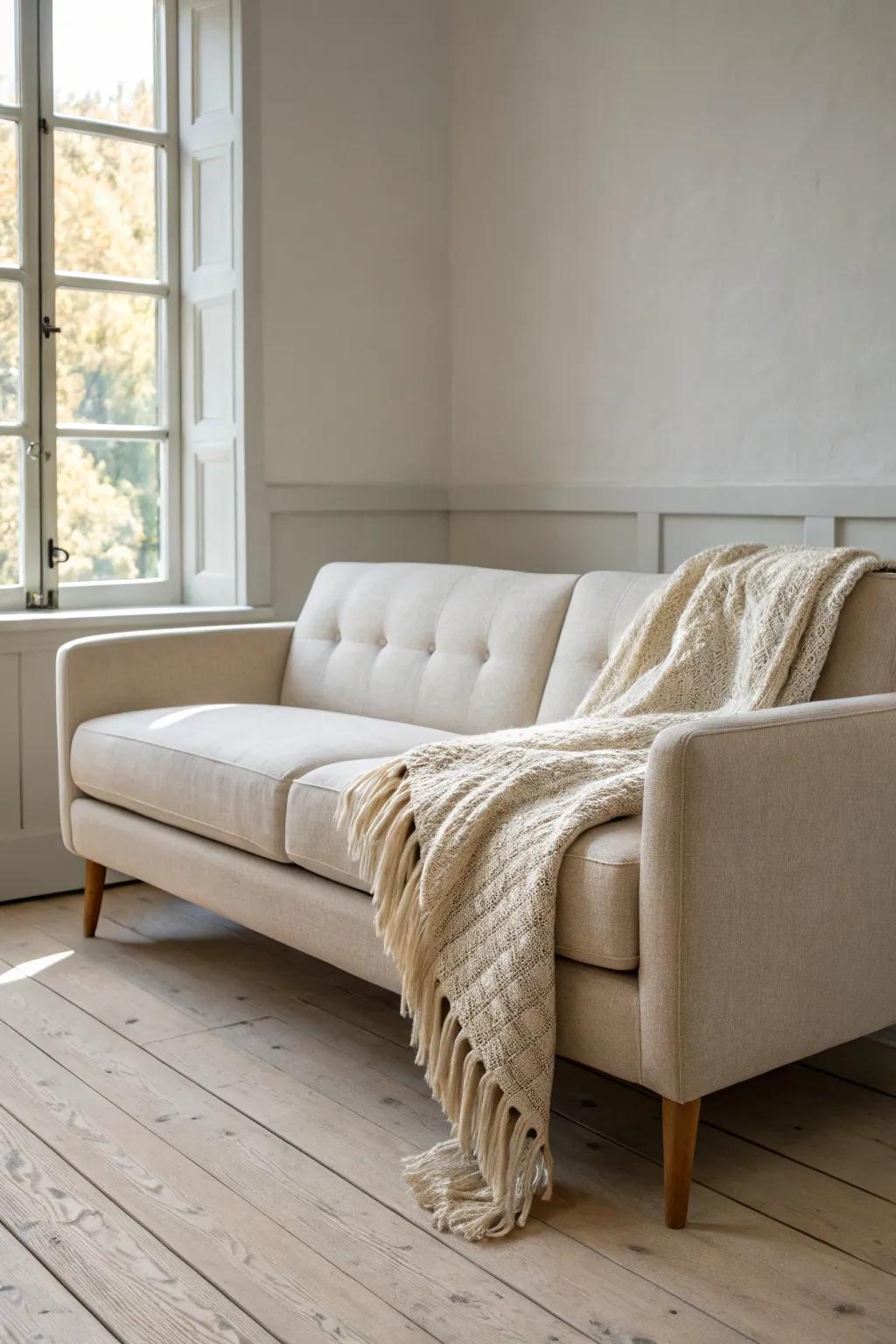 One comfy neutral anchor sofa sets a cozy minimalist mood—simple lines, soft linen, warm wood.