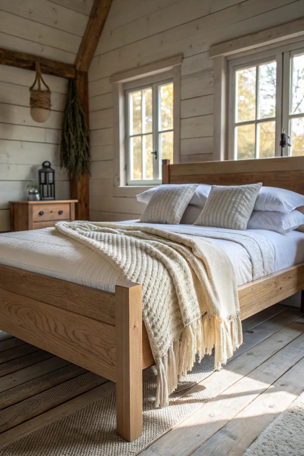 Cozy cabin layers: crisp linen, quilt, chunky knit, and faux-hide on a handcrafted oak bed.