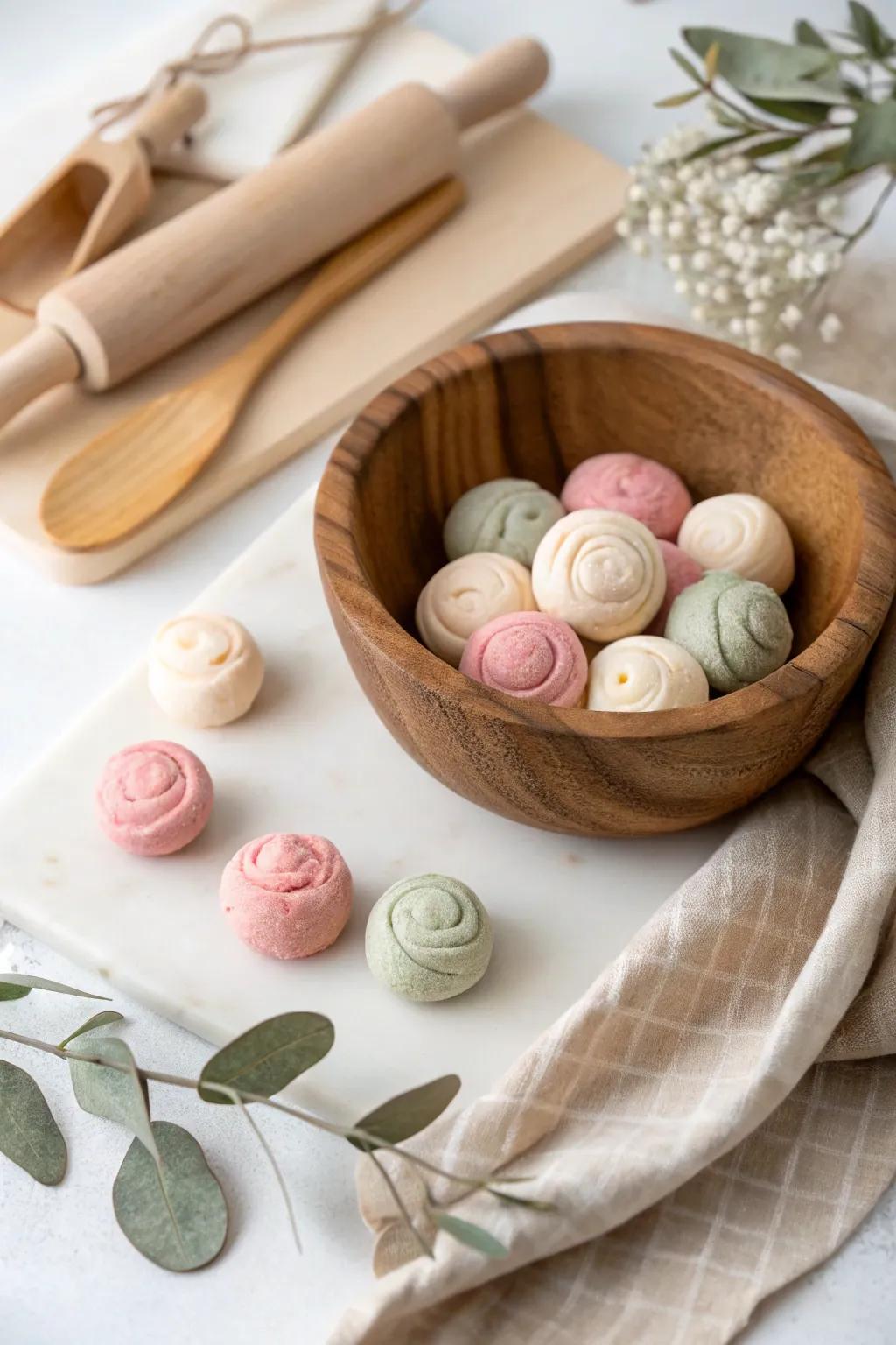 Crafted with love: Homemade play dough in serene pastels, perfect for tiny hands and creative minds.