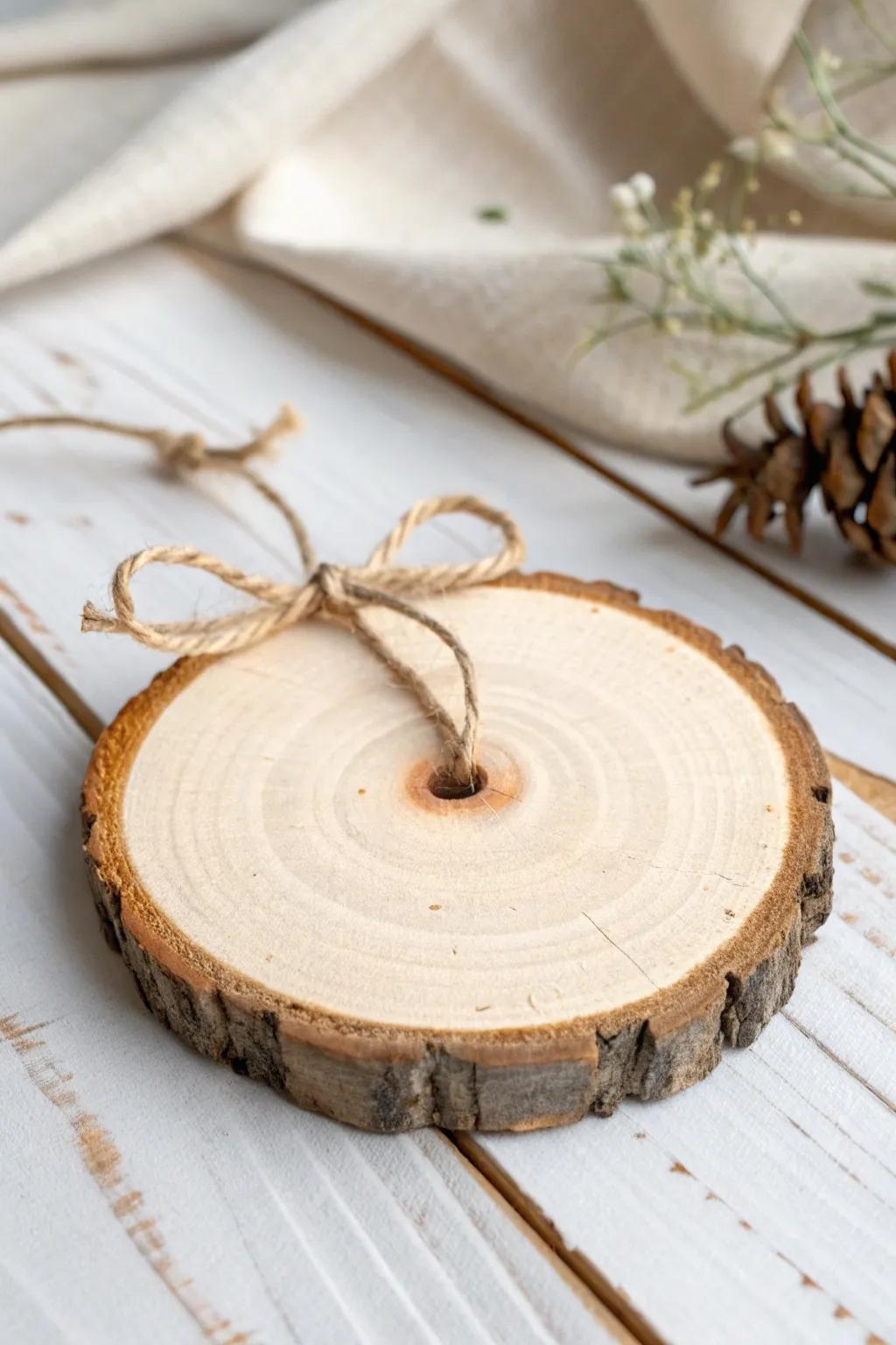 Sanded wood slice ornament with twine—minimal, cozy cabin vibes with beautiful natural grain.