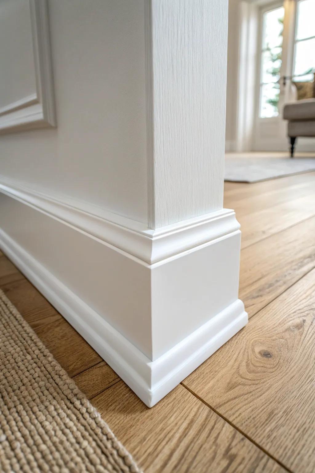 Crisp flat stock baseboards: clean lines, sharp corners, and a modern, intentional finish.