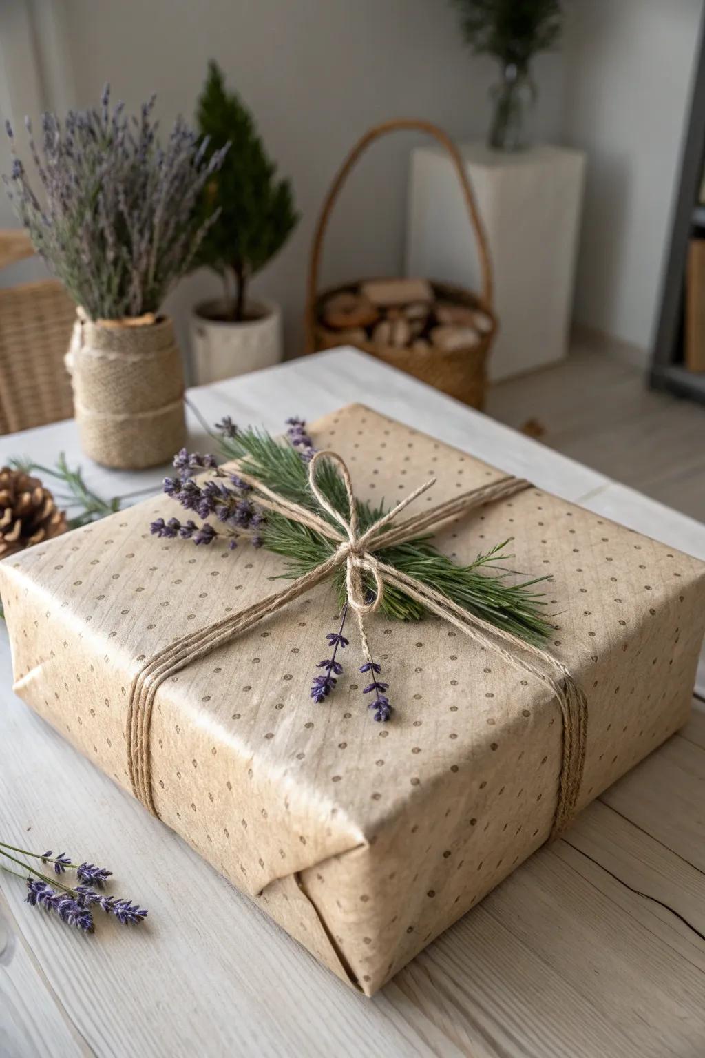 Embrace nature's elegance with this beautifully wrapped rustic gift, bringing the outdoors in.
