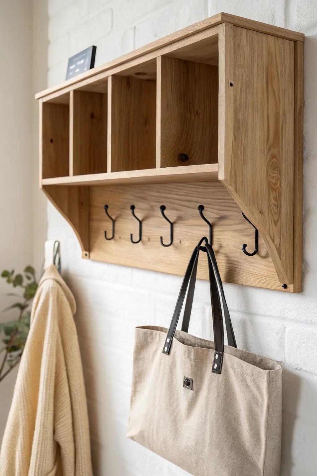 A simple oak cubby + matte black hooks turns everyday jackets and bags into calm, chic decor.
