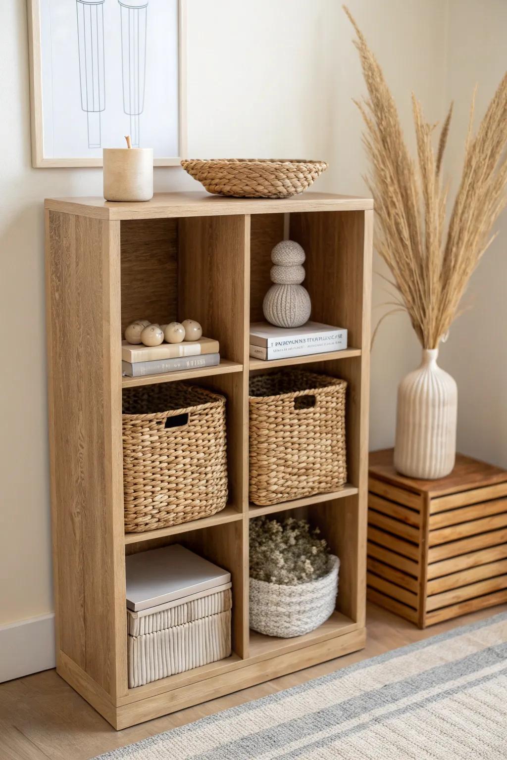 Mix woven baskets with open cubes for a curated, clutter-free look in your cube shelf.