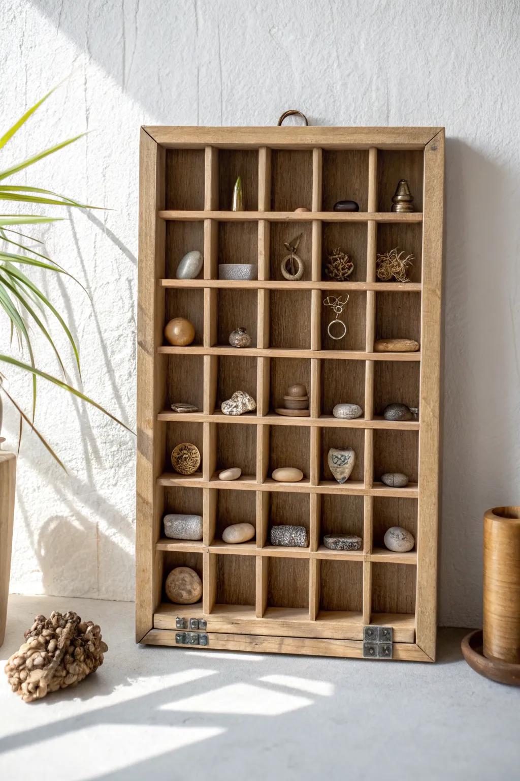 Printer’s-tray cubbies turn tiny treasures—stones, keys, carvings—into a curated wall gallery.