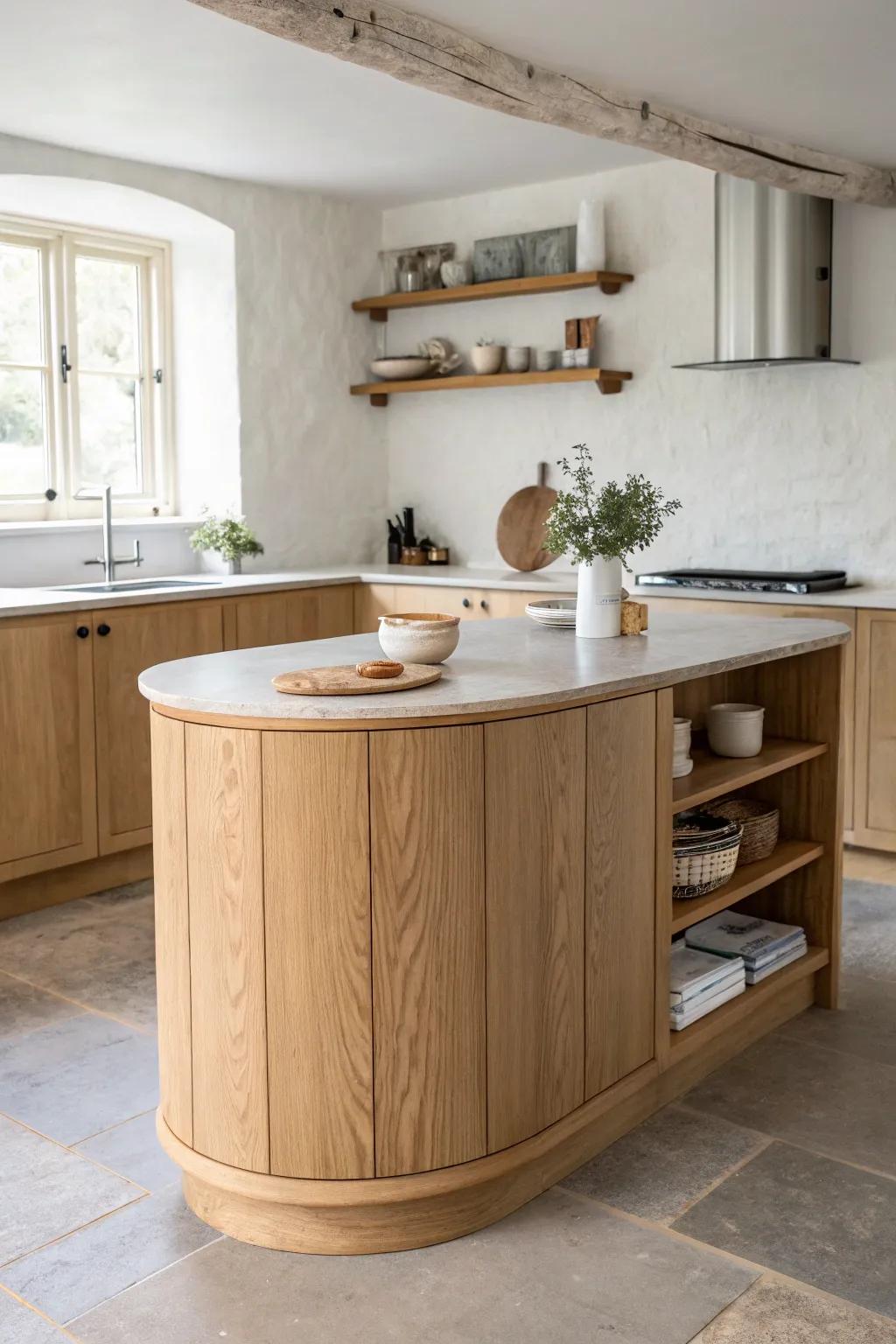 Half-moon oak island hugging the wall—soft curves, clean lines, and handcrafted calm.