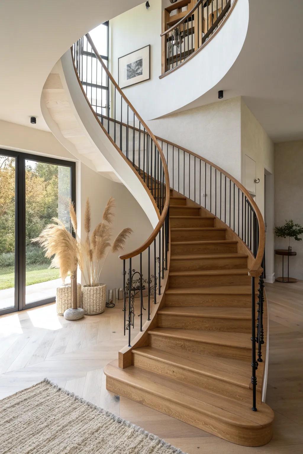 Slim black iron balusters make a curved oak staircase feel lighter—and twice as elegant.