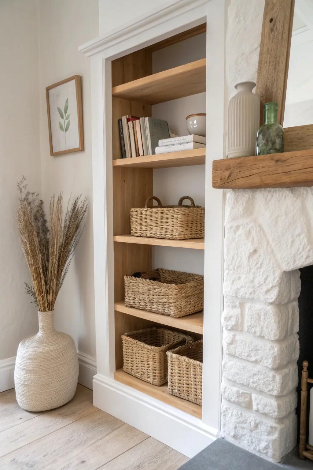 Fireplace alcove built-ins with adjustable oak shelves—books up top, baskets below.