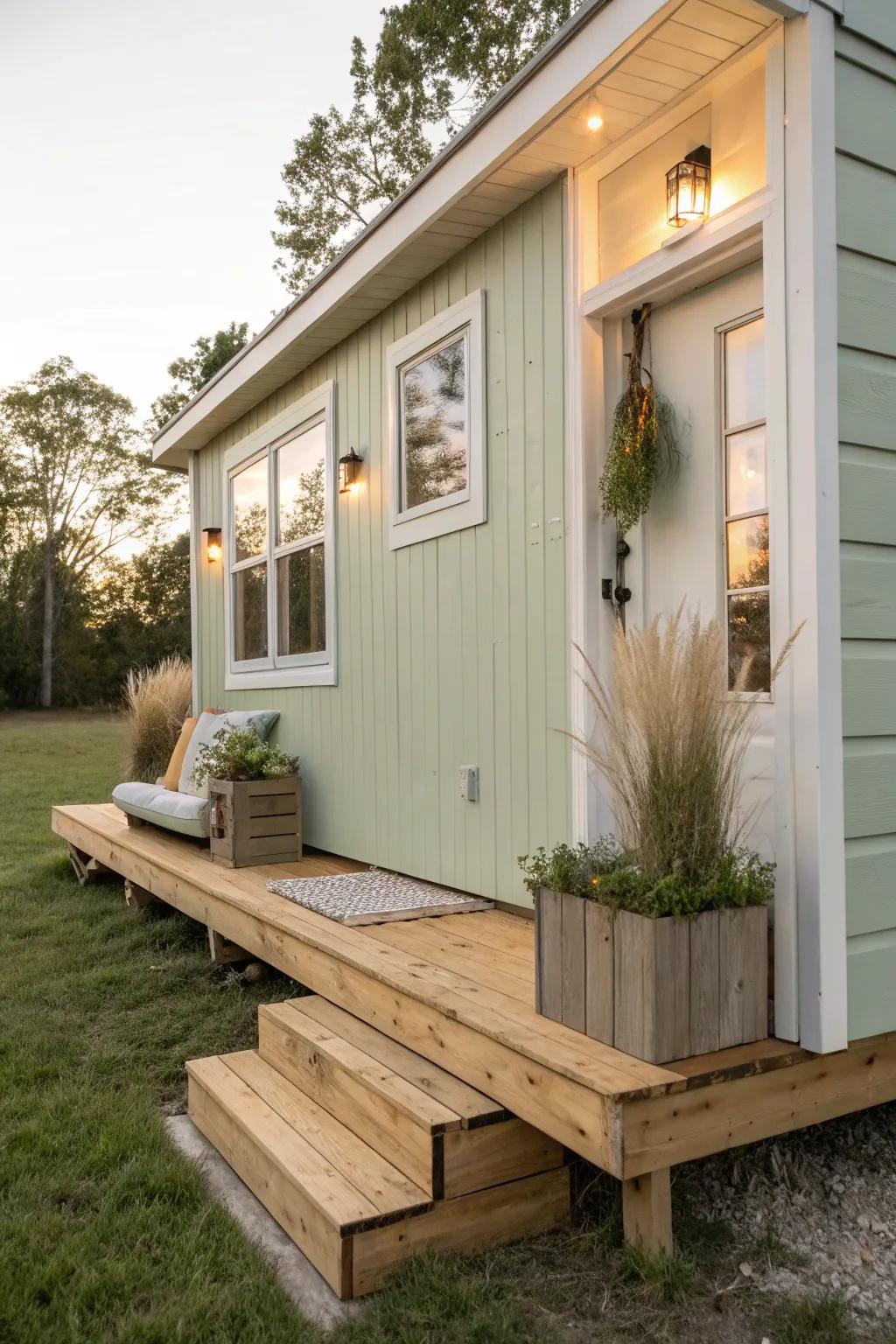 A wraparound mini porch with a tiny bench and planter box—instant cozy curb appeal.