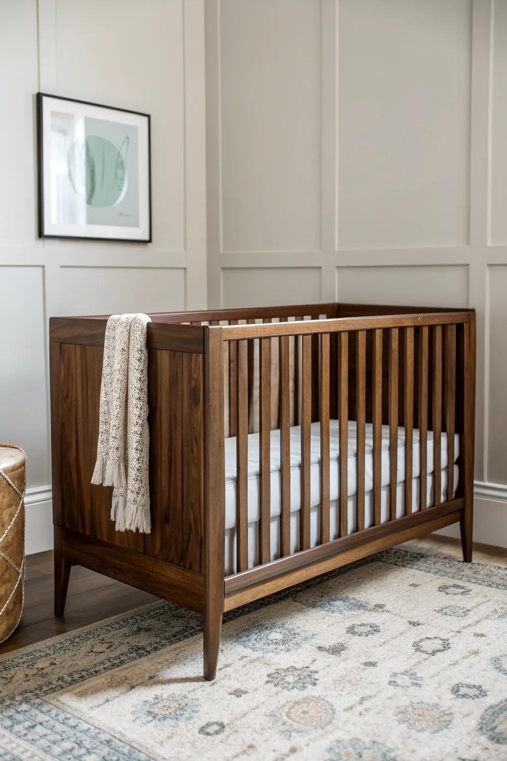 Dark walnut crib against soft greige walls—cozy, modern, and perfectly crisp with white trim.