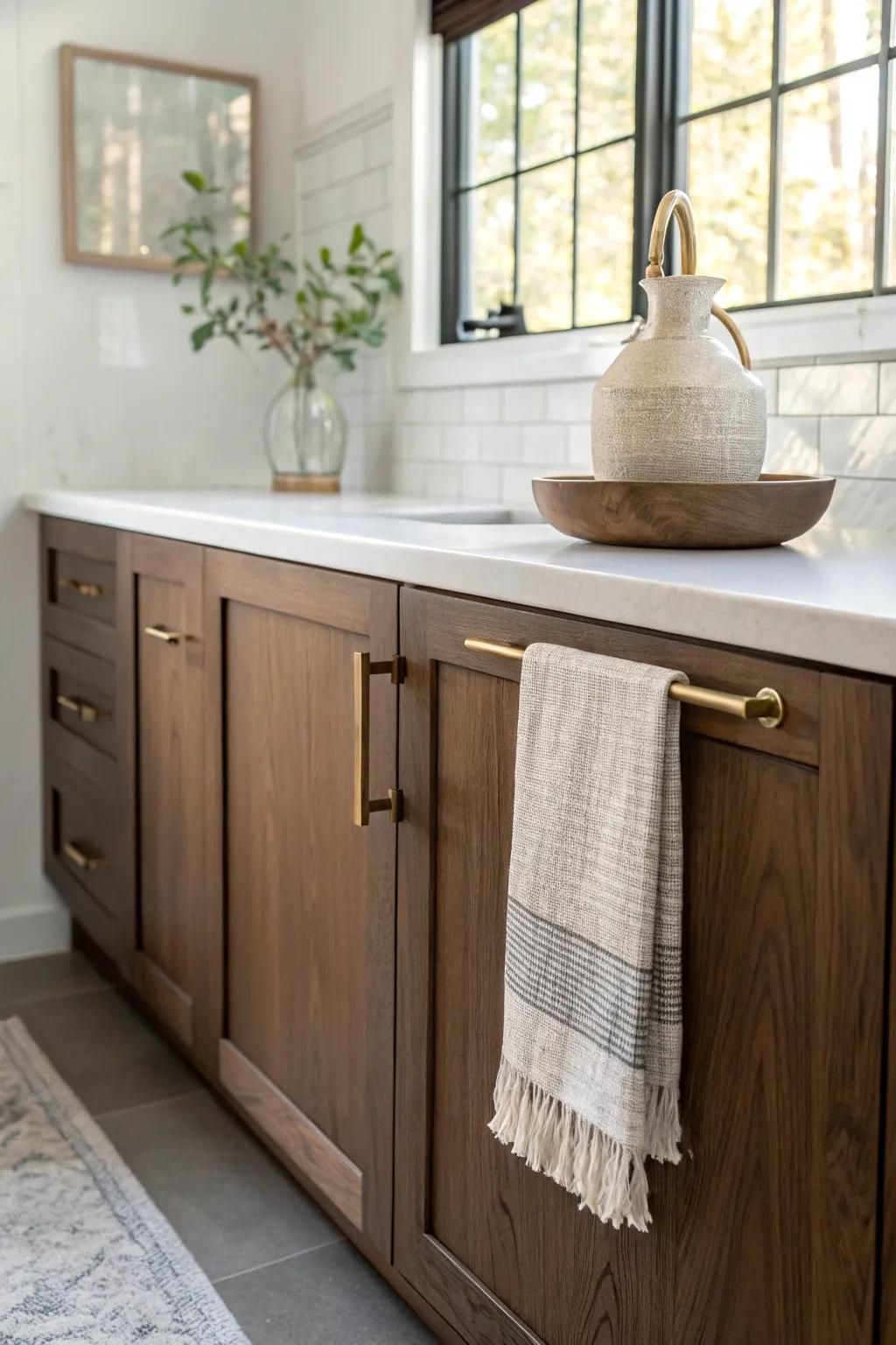 Dark wood cabinetry + a light backsplash: the simple contrast that instantly brightens the kitchen.
