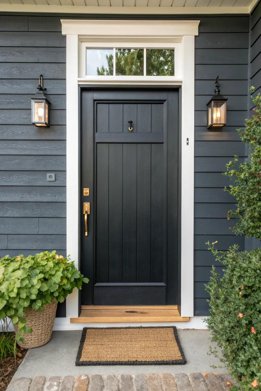 Matte black on dark gray: a sleek modern door that hides flaws and makes hardware shine.