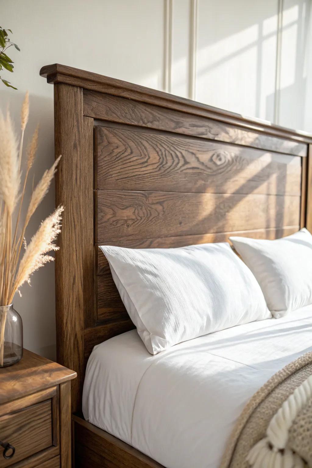 Crisp white linen makes a dark wood headboard feel calm, intentional, and beautifully balanced.